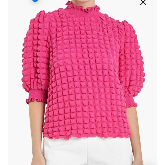 English Factory Mock Neck Popcorn Textured Knit Bubble Sleeve Top XS Pink - Picture 1 of 12